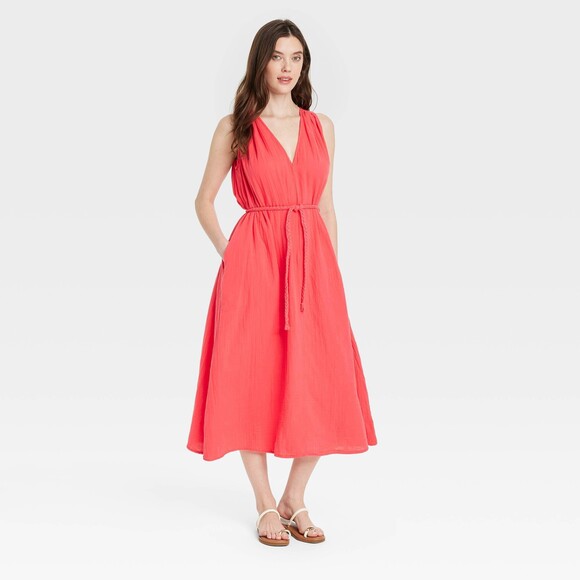 Universal Thread Belted Gauzy Midi A-Line Dress - Coral Red Size Medium - Picture 1 of 5